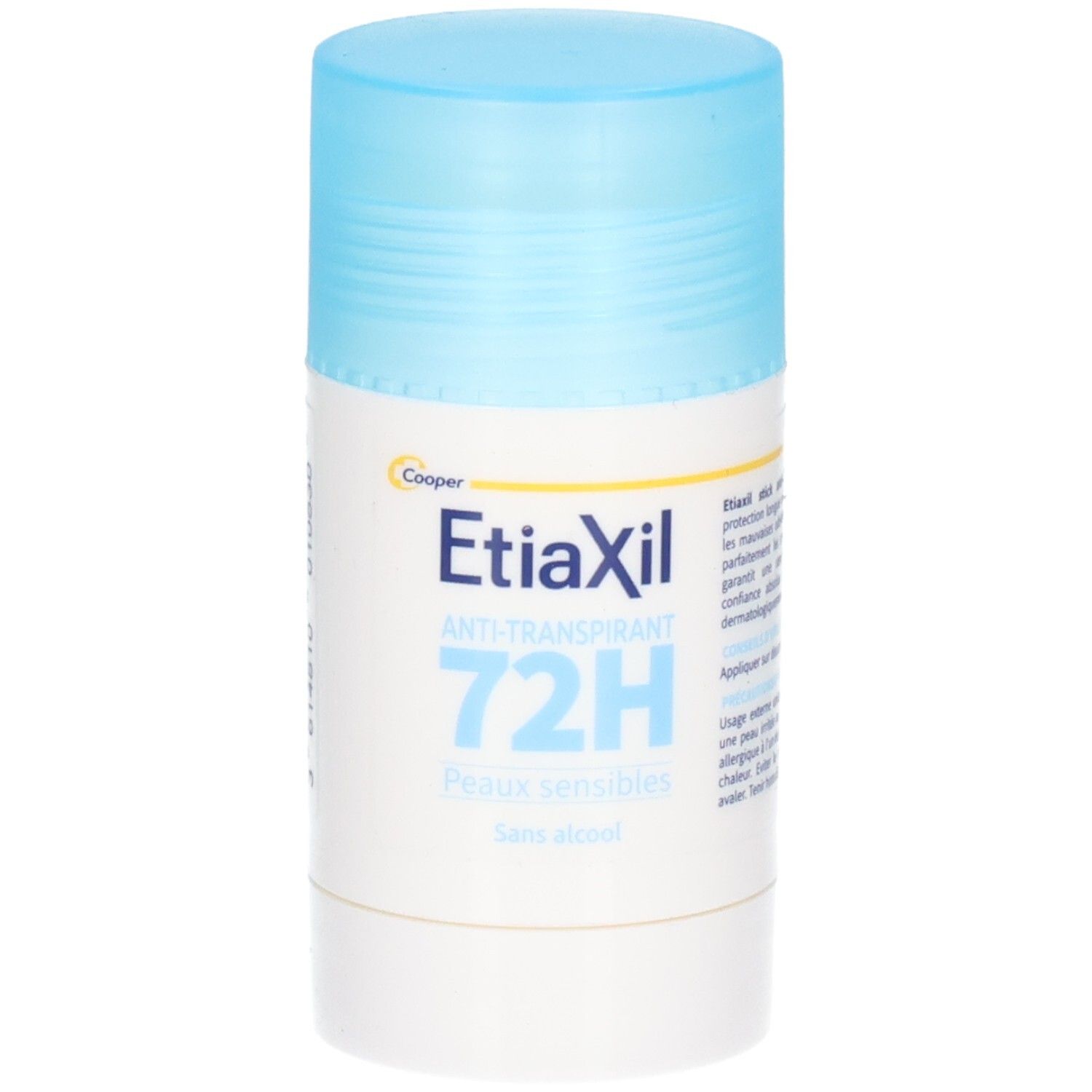 Stick déodorant avec bouchon bleu. Inscription: Etiaxil, Anti-transpirant, 72H, Peaux sensibles, Sans alcool.