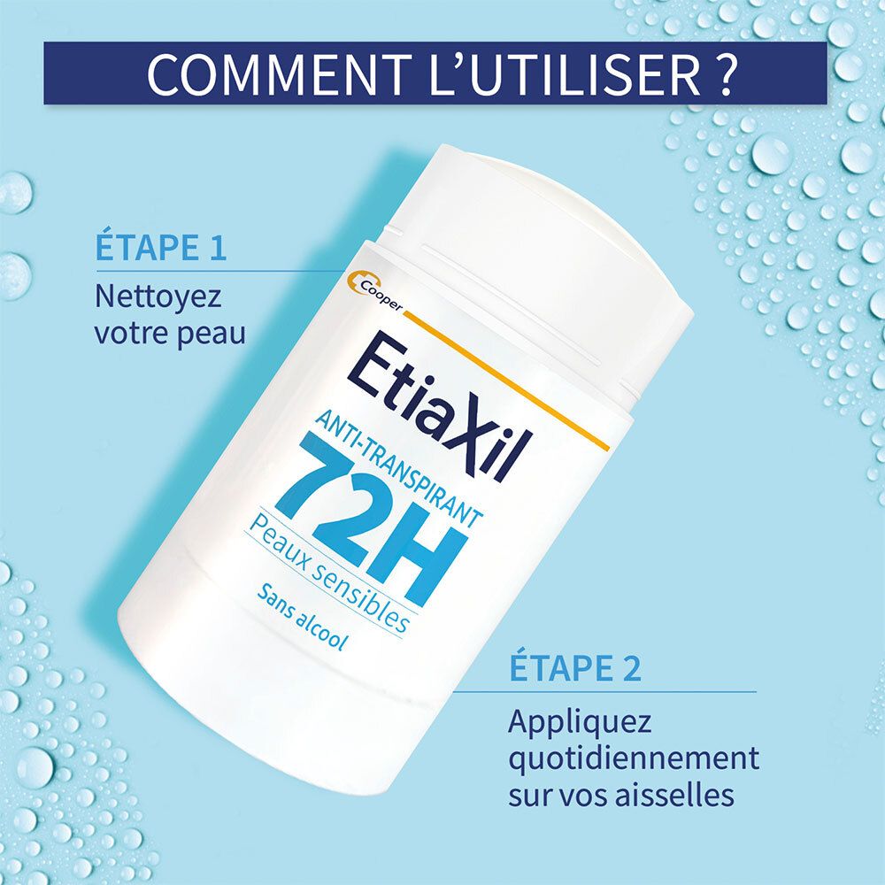 Utilisation Etiaxil Anti-Transpirant 72H Stick: Étape 1: Nettoyer la peau, Étape 2: Appliquer quotidiennement.
