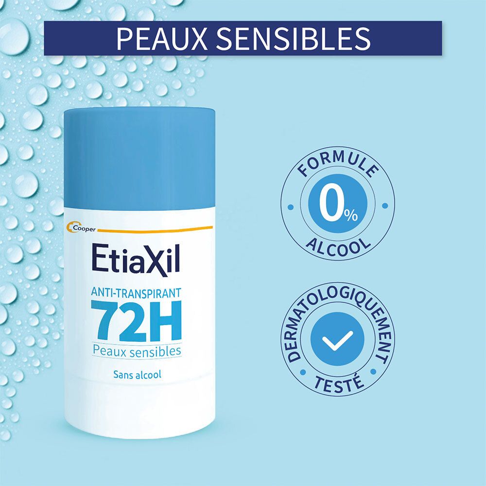 Etiaxil Anti-Transpirant 72H peaux sensibles: 0% alcool, testé dermatologiquement.