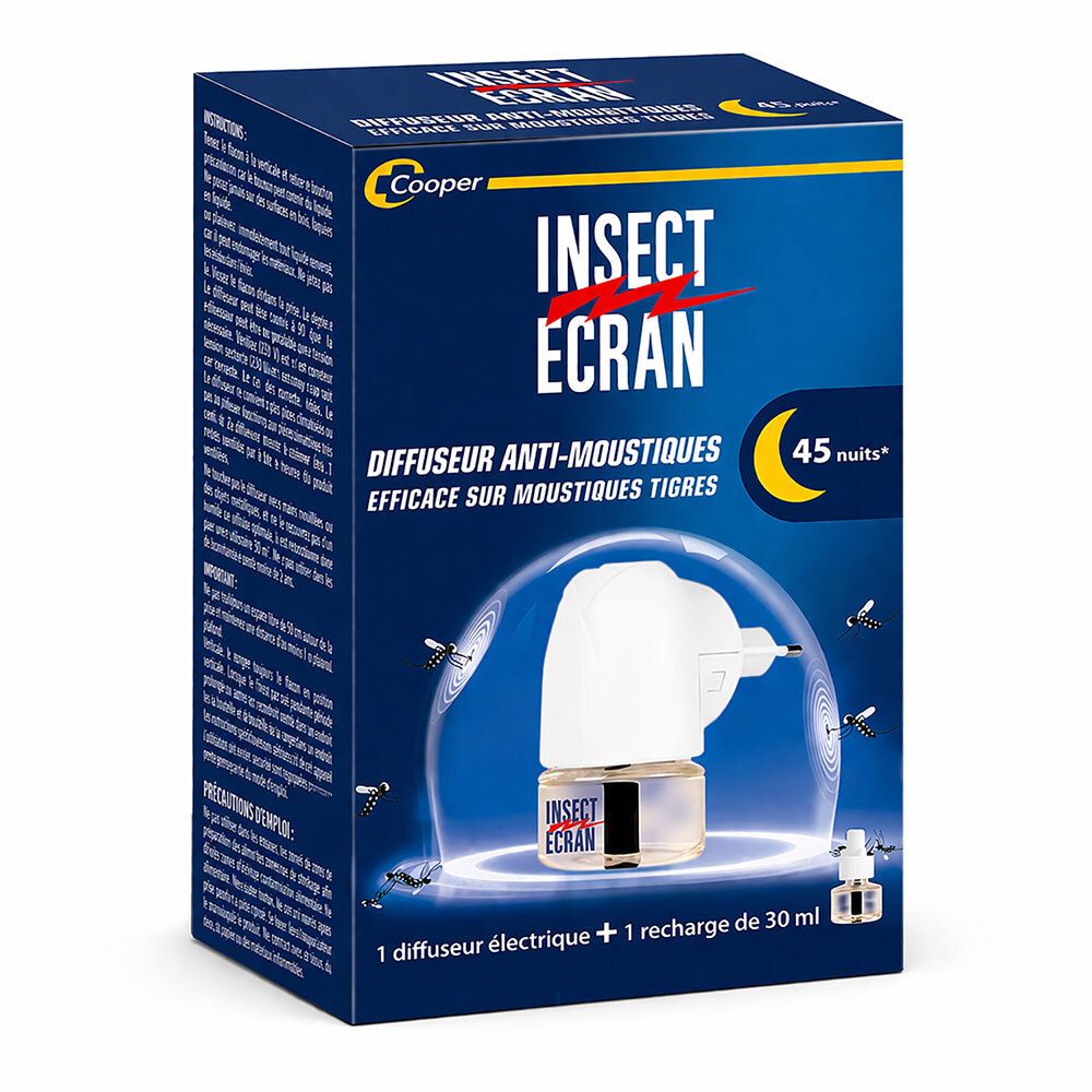 Emballage d'un diffuseur électrique anti-moustiques avec recharge de 30 ml pour 45 nuits.