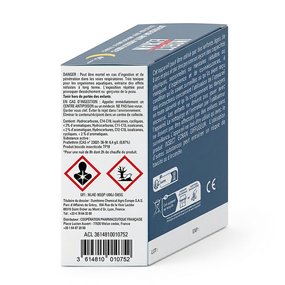 Arrière de l'emballage d'un diffuseur anti-moustiques avec avertissements et ingrédients.