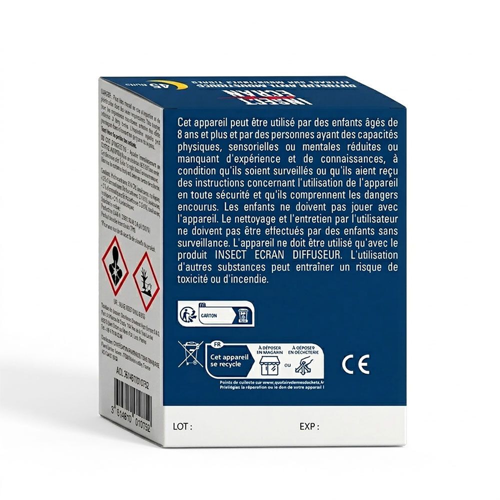 Vue latérale de l'emballage d'un diffuseur anti-moustiques avec instructions et marquage CE.