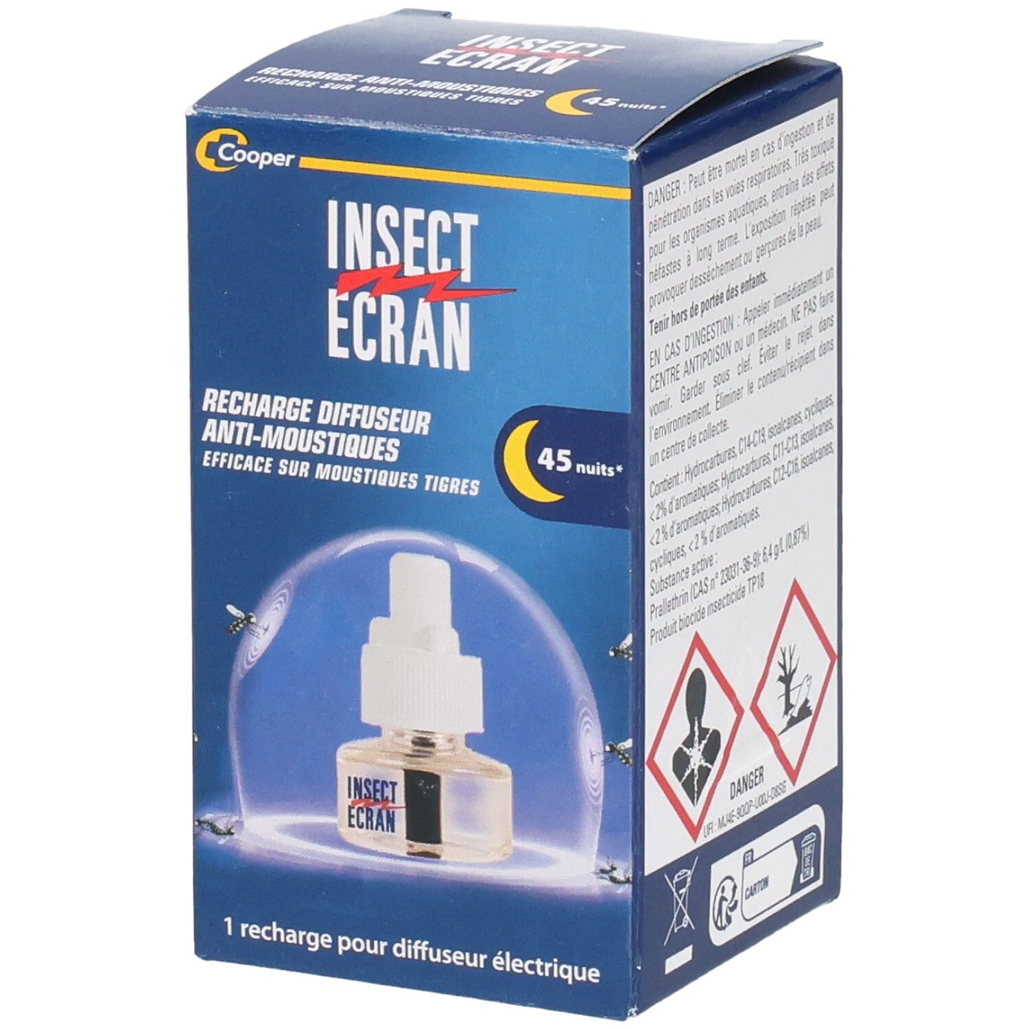 Boîte bleue INSECT ECRAN. Recharge diffuseur anti-moustiques. Efficace sur moustiques tigres. 45 nuits.