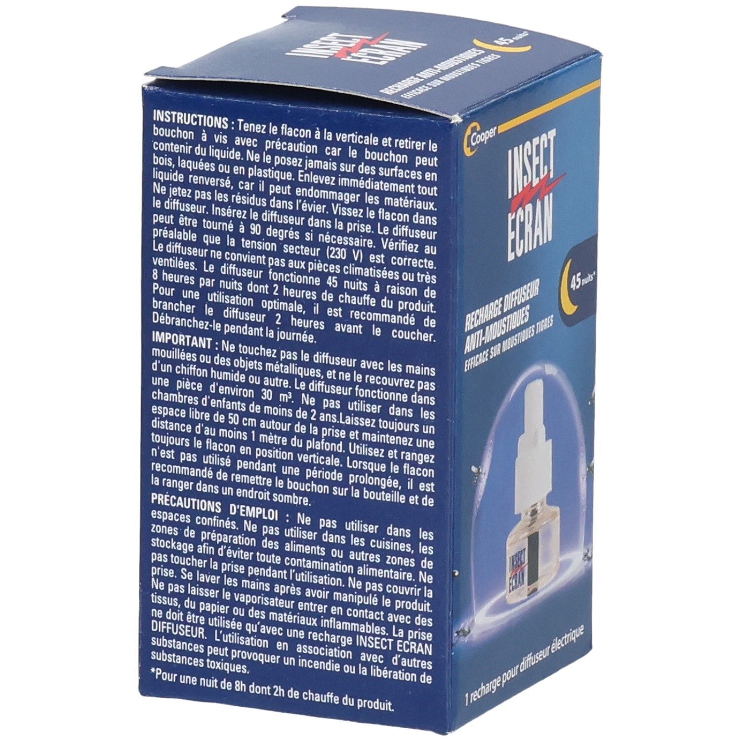 Boîte bleue INSECT ECRAN. Vue latérale avec produit et texte. Contient une recharge.