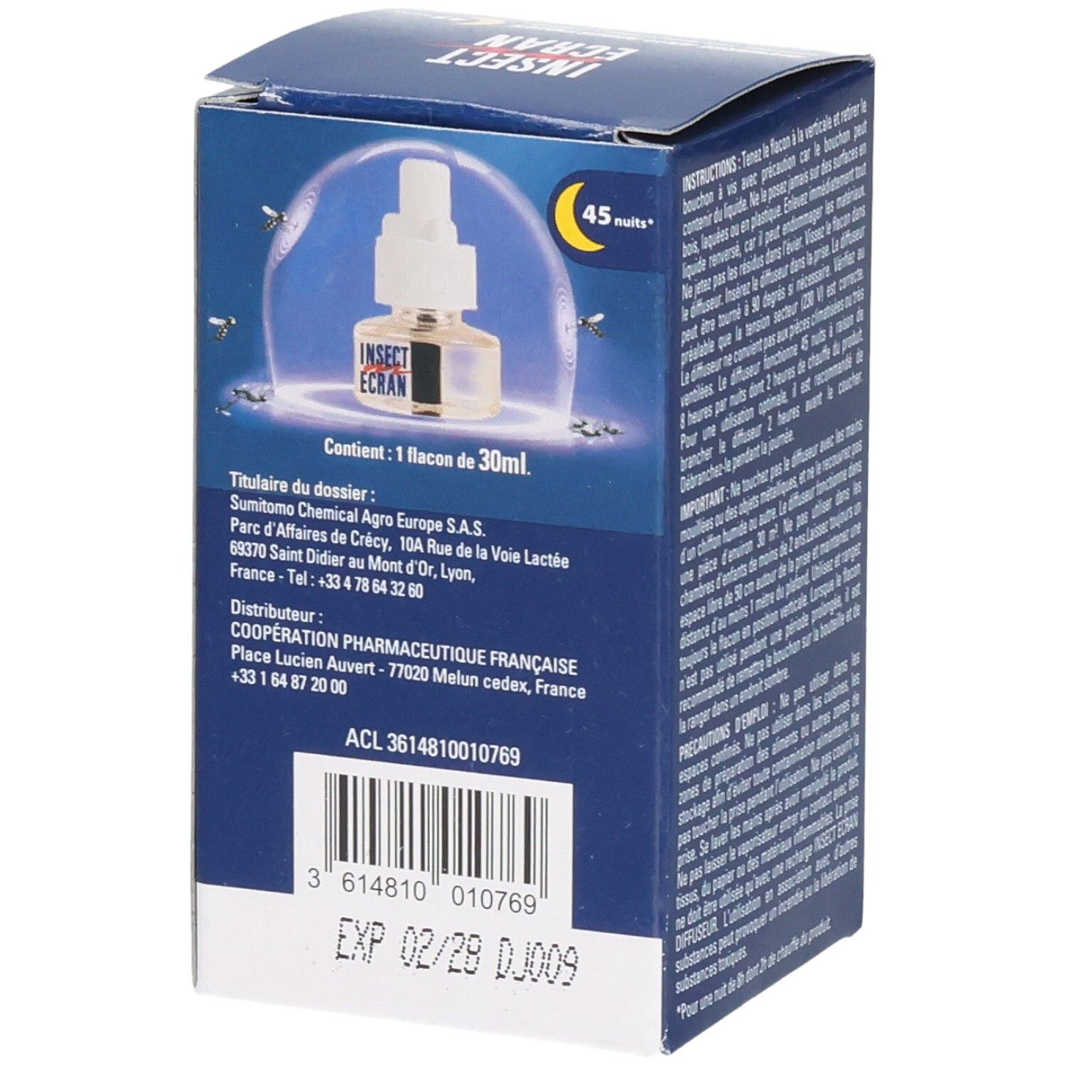Boîte bleue INSECT ECRAN. Arrière avec texte et code-barres. Contient 1 flacon de 30ml.
