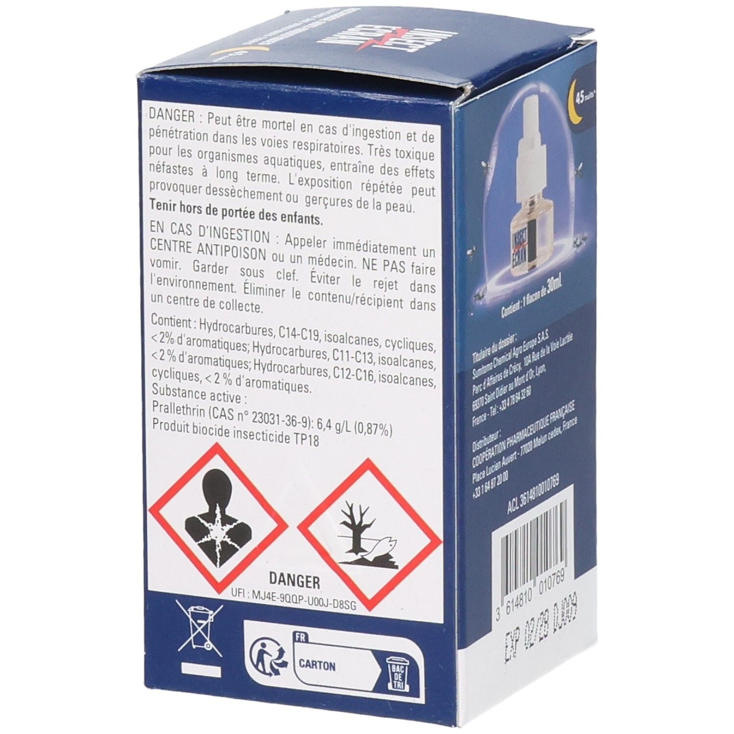 Boîte bleue INSECT ECRAN. Arrière avec symboles de danger et texte. Contient 30ml.