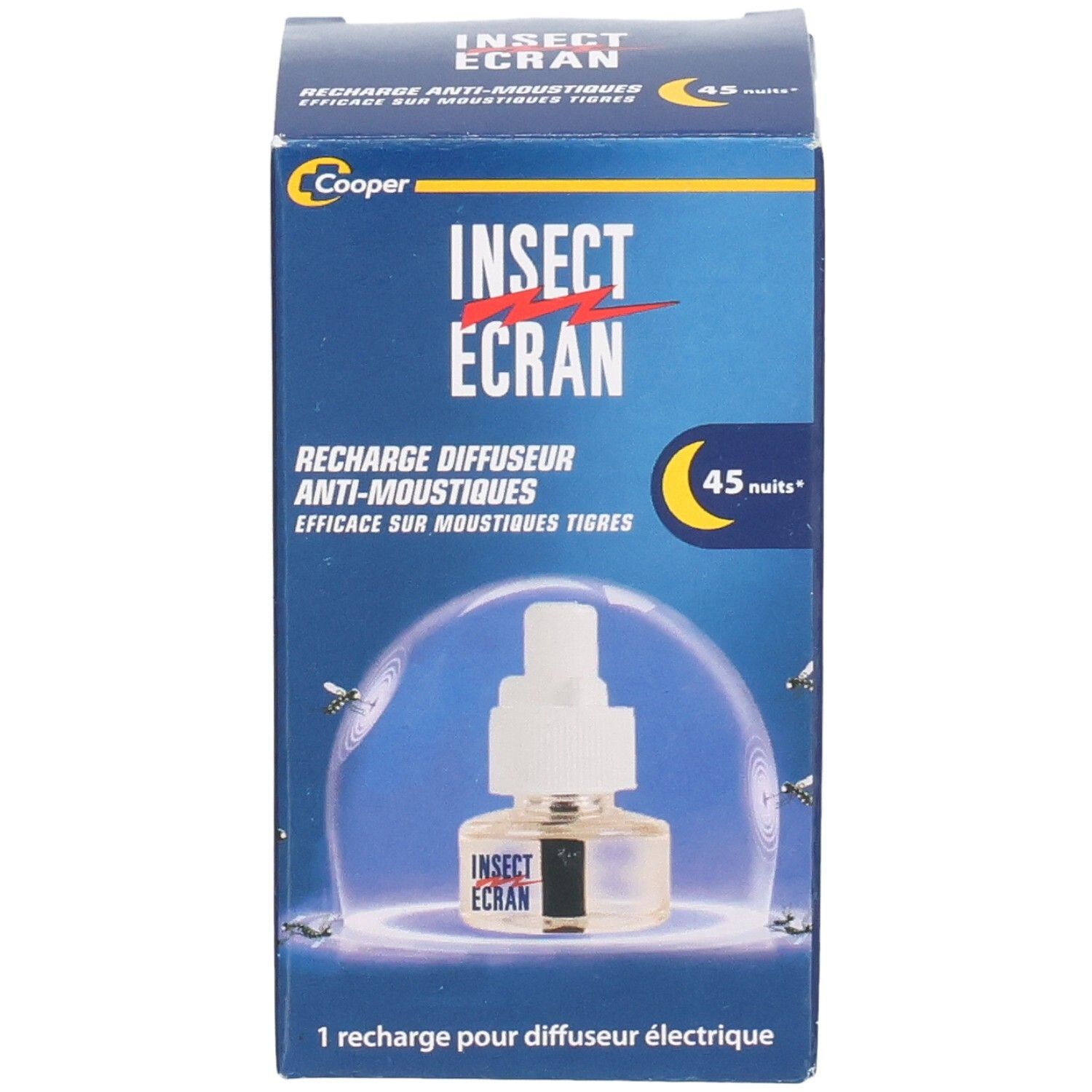 Boîte bleue INSECT ECRAN. Vue de face avec produit et texte. 45 nuits.