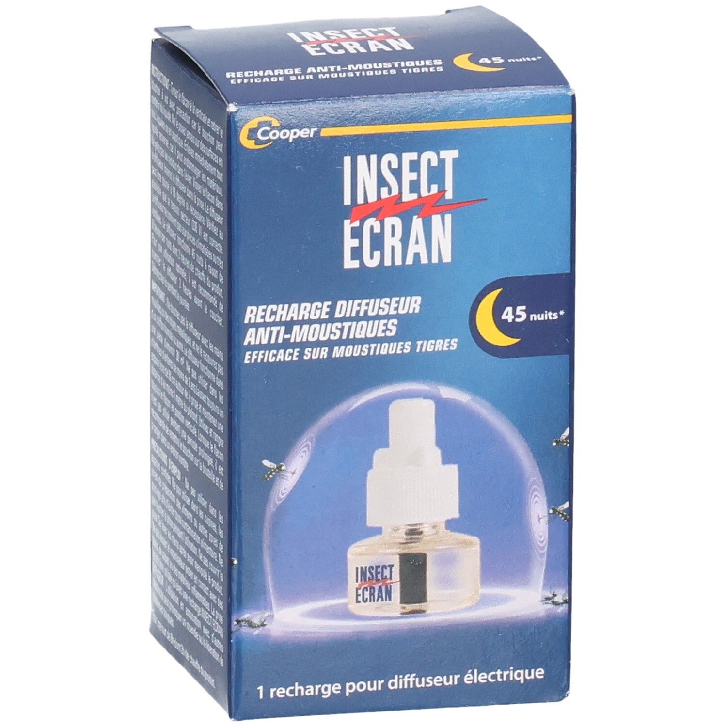Boîte bleue INSECT ECRAN. Vue de face avec produit et texte. 45 nuits.