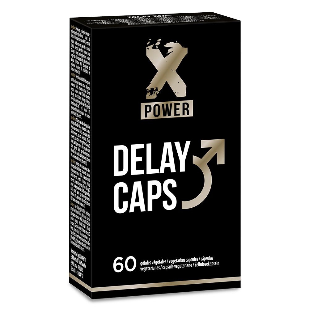 Emballage X Power Delay Caps, noir avec inscription dorée, présente 60 capsules végétales.