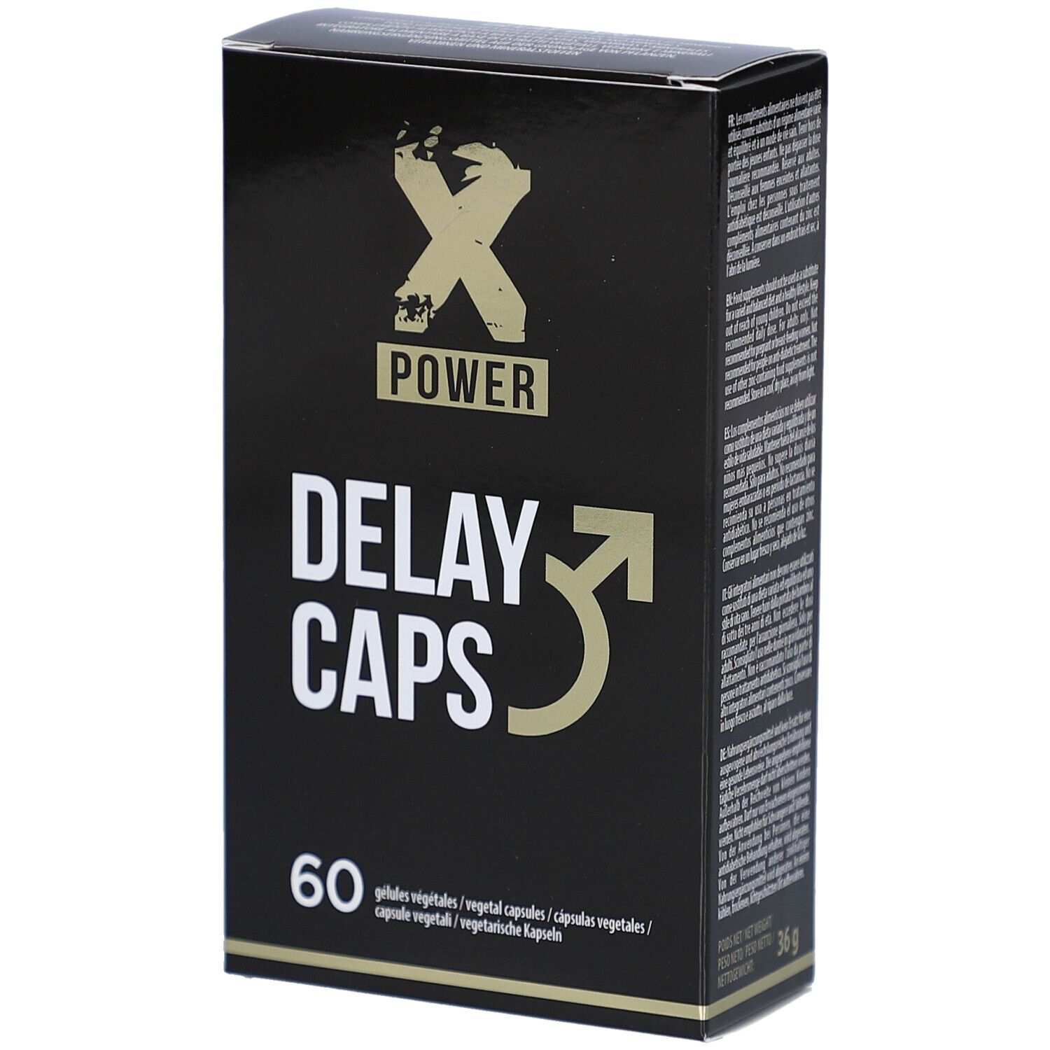 Boîte noire avec "X POWER" et "DELAY CAPS". Contient 60 gélules. Symbole masculin.