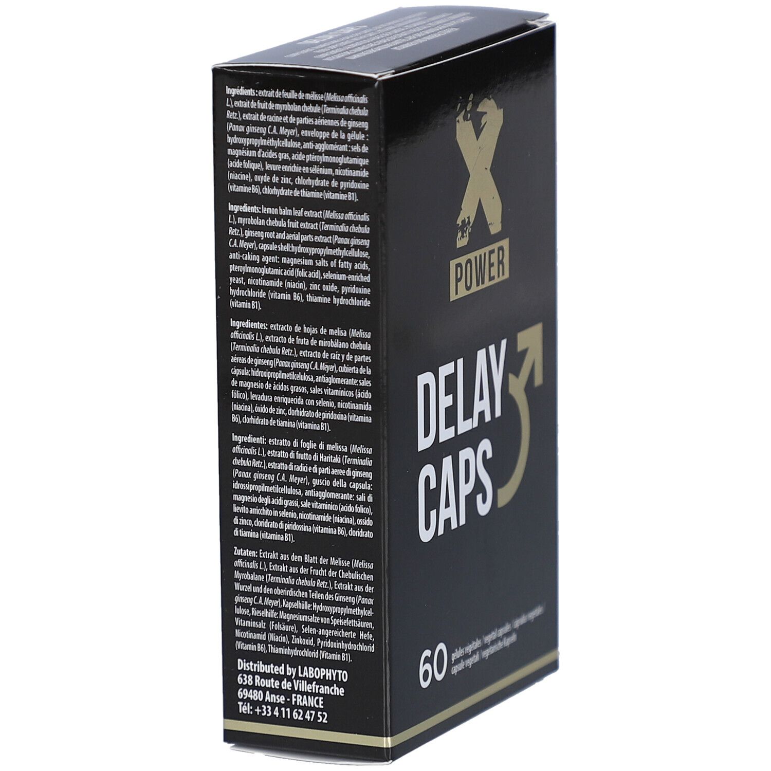 Boîte noire avec "X POWER" et "DELAY CAPS". Contient 60 gélules. Texte sur le côté.