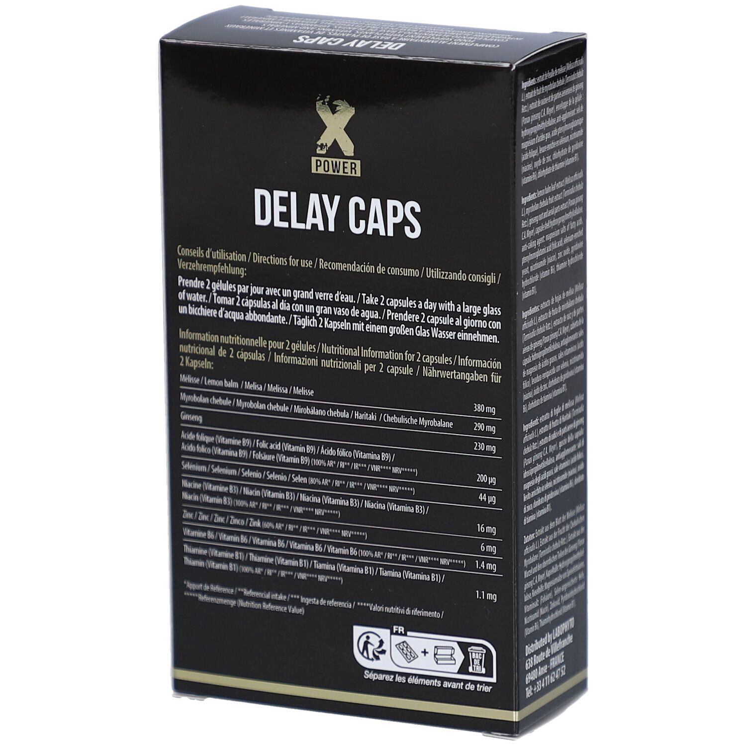 Boîte noire avec "X POWER" et "DELAY CAPS". Contient 60 gélules. Informations nutritionnelles.