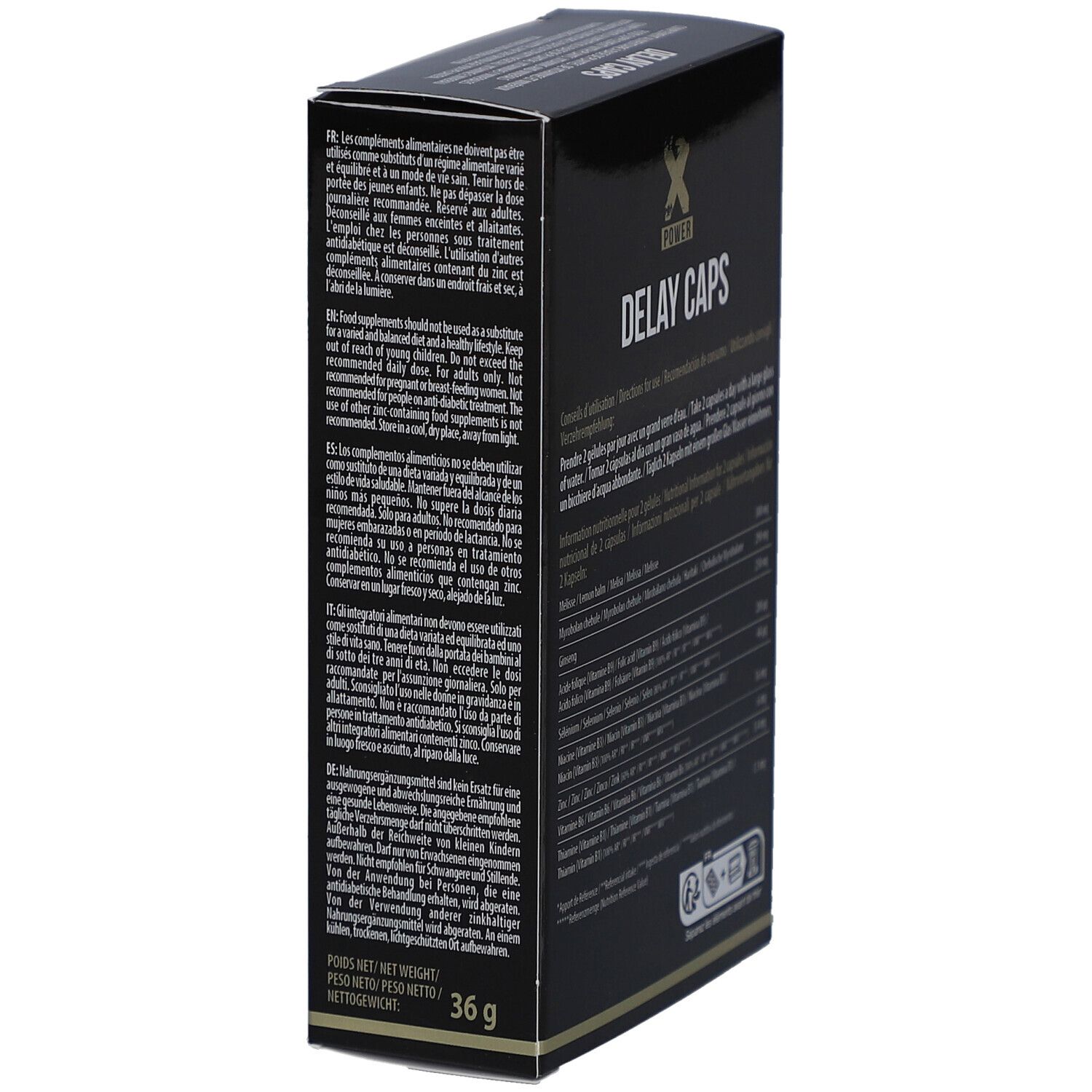 Boîte noire avec "X POWER" et "DELAY CAPS". Contient 60 gélules. Texte et poids.