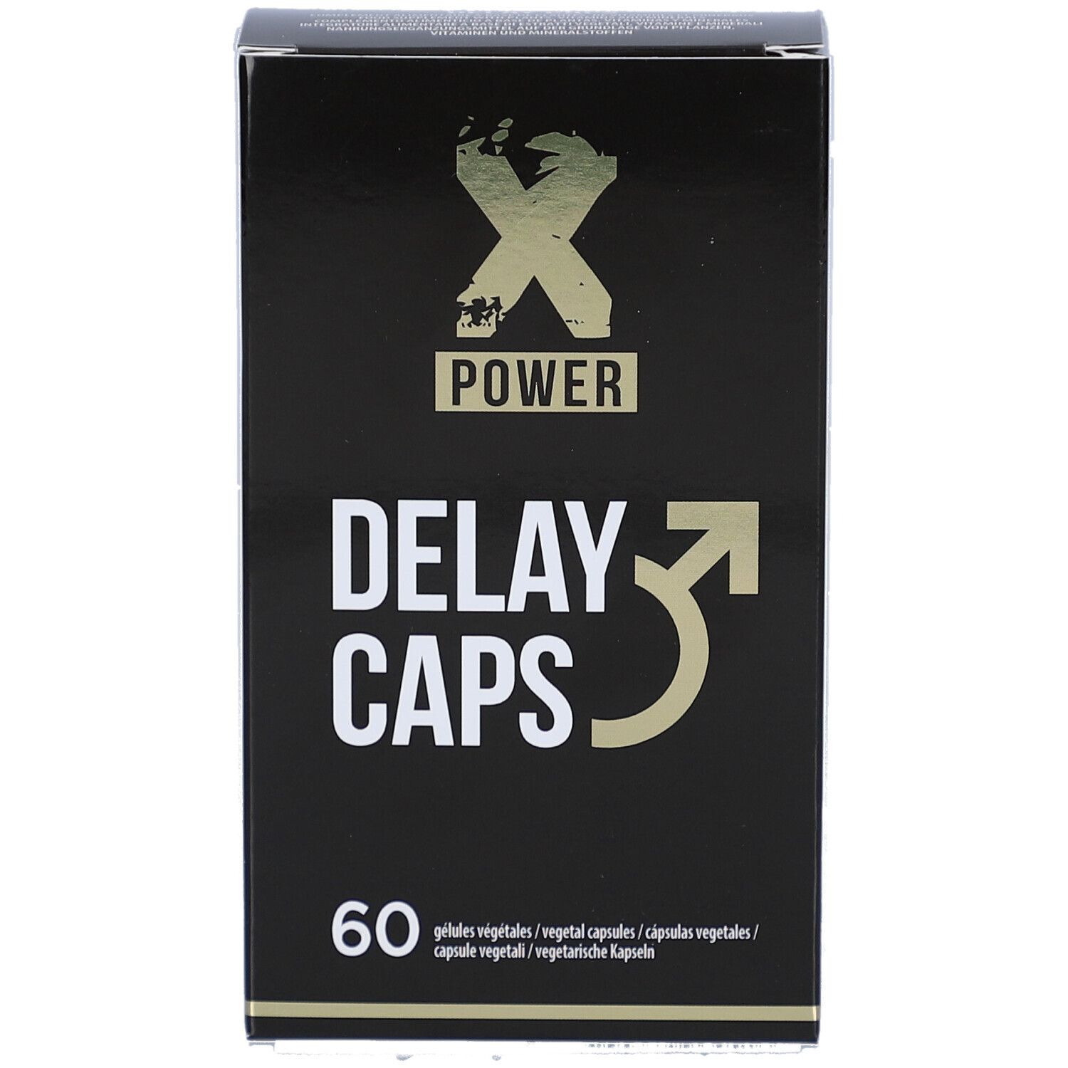 Boîte noire avec "X POWER" et "DELAY CAPS". Contient 60 gélules. Symbole masculin.