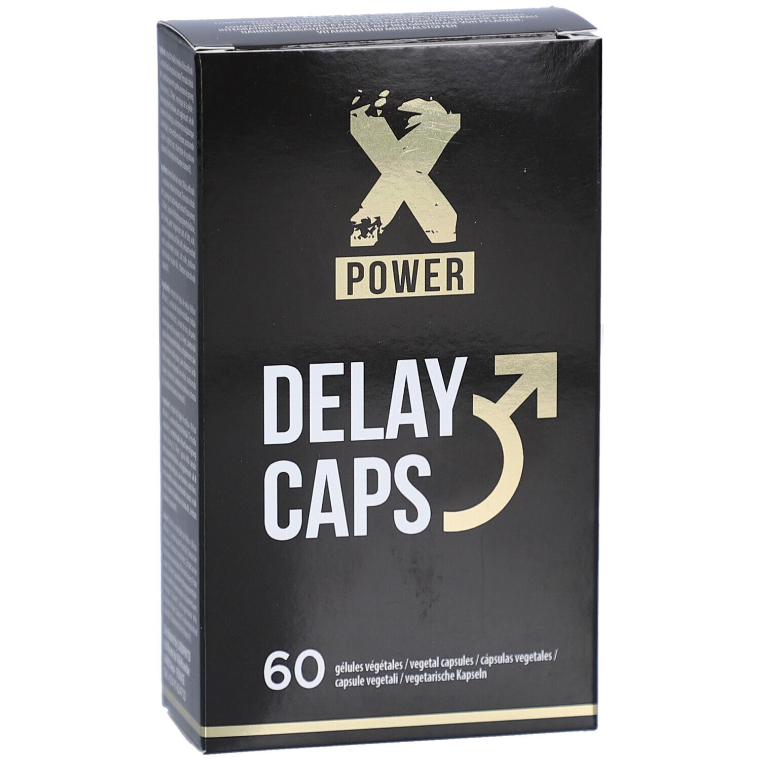 Boîte noire avec "X POWER" et "DELAY CAPS". Contient 60 gélules. Symbole masculin.