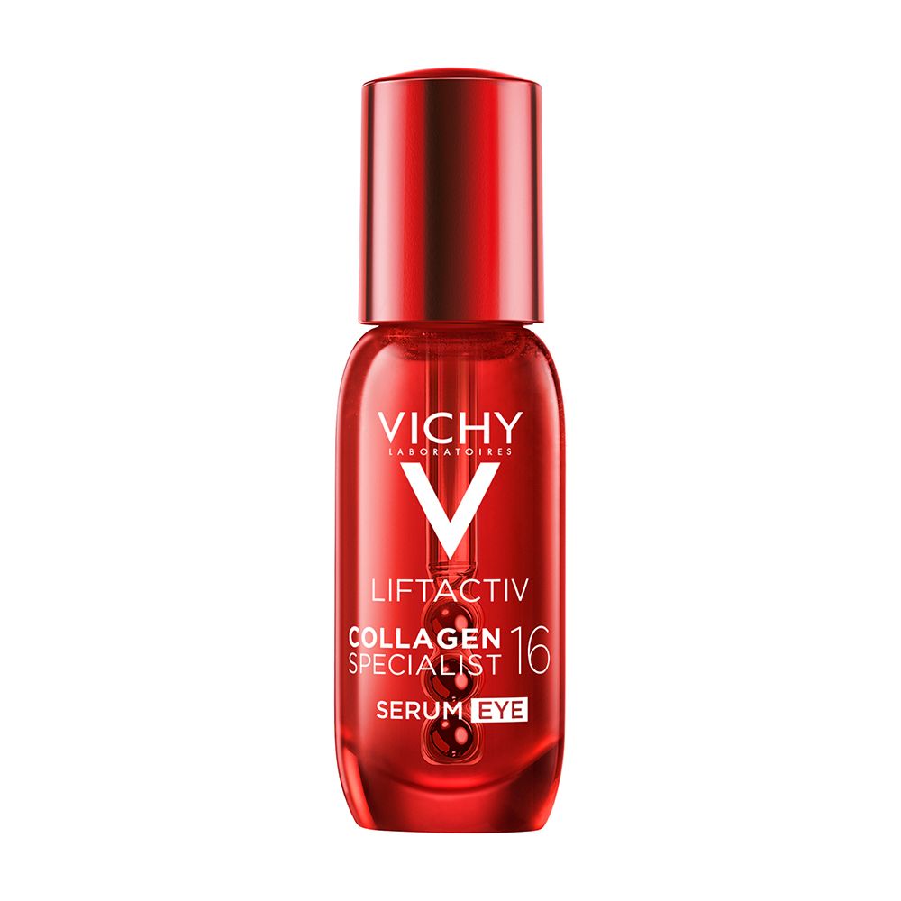Flacon de sérum rouge avec bouchon rouge. Inscription: Vichy Liftactiv Collagen Specialist 16 Sérum Eye.