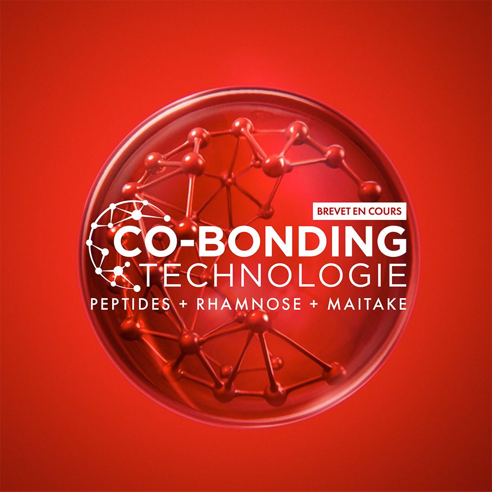 Fond rouge avec une illustration. Texte: CO-BONDING TECHNOLOGIE. Peptides + Rhamnose + Maitake.
