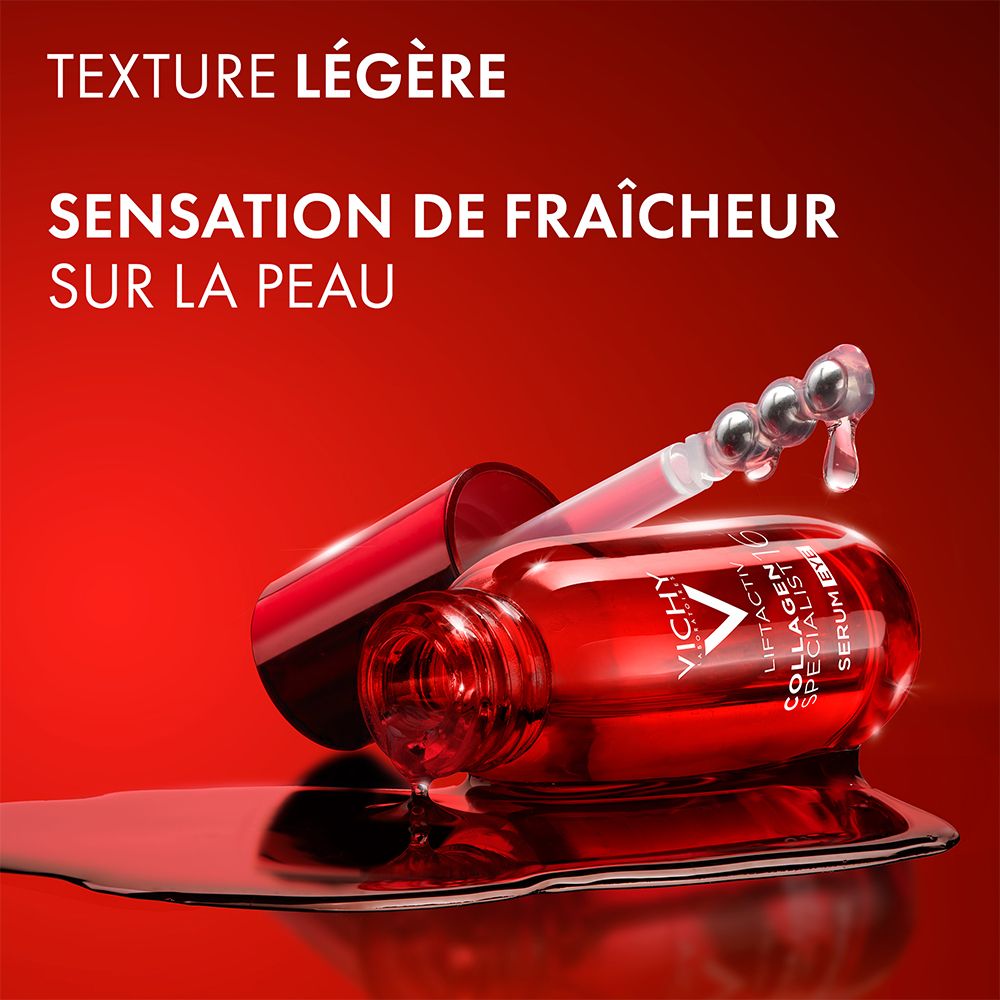 Flacon de sérum rouge avec applicateur. Texte: Texture légère. Sensation de fraîcheur sur la peau.