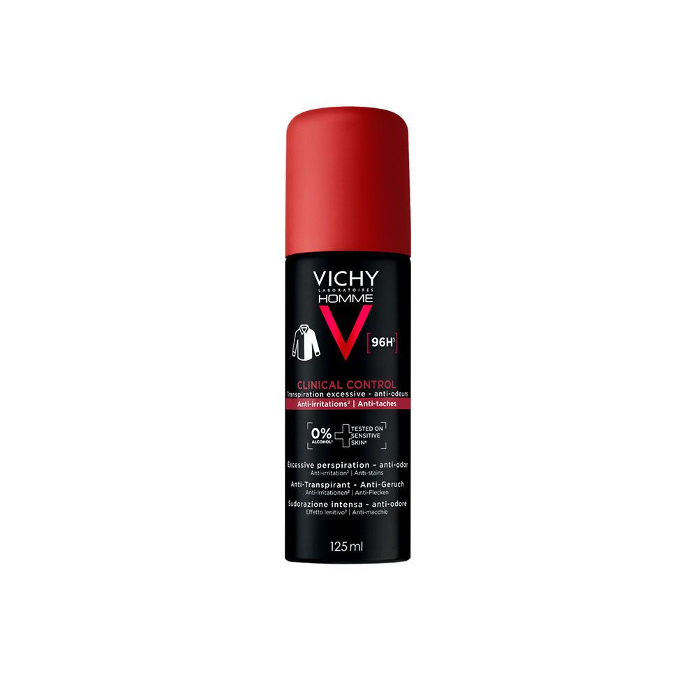 Déodorant spray Vichy Homme Extrême 96h, flacon noir et capuchon rouge.
