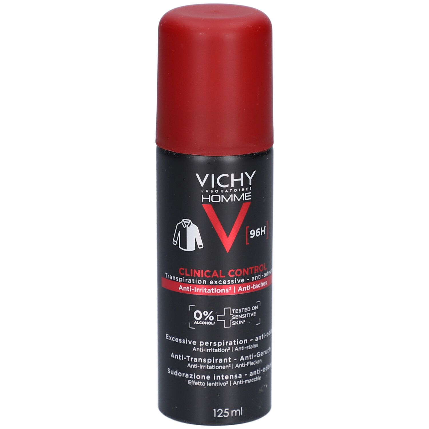 Flacon spray noir avec bouchon rouge. Inscription: VICHY HOMME, Clinical Control. Contient 0% d'alcool. 125 ml.