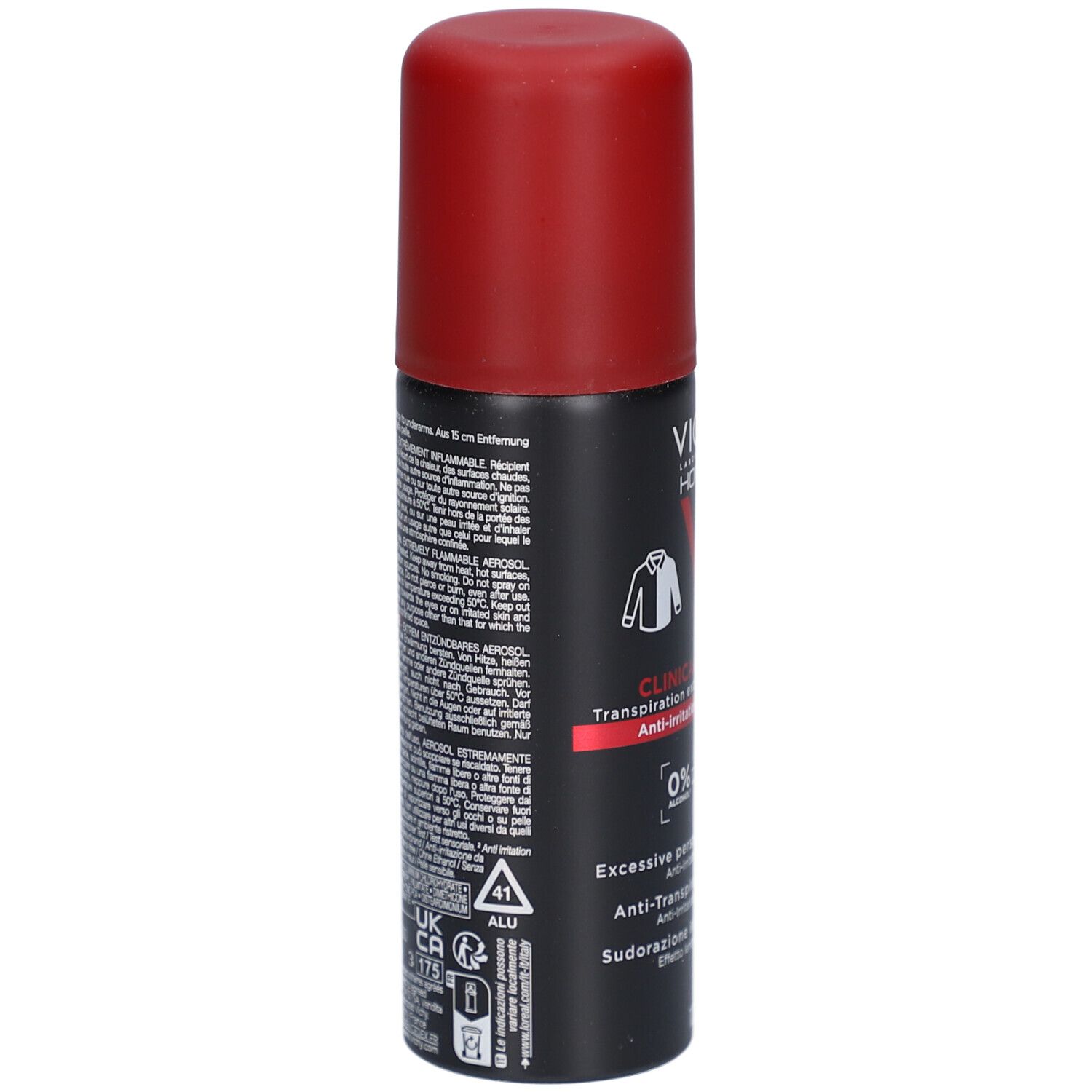 Dos du flacon spray noir avec bouchon rouge. Informations textuelles et logos. Symbole ALU.