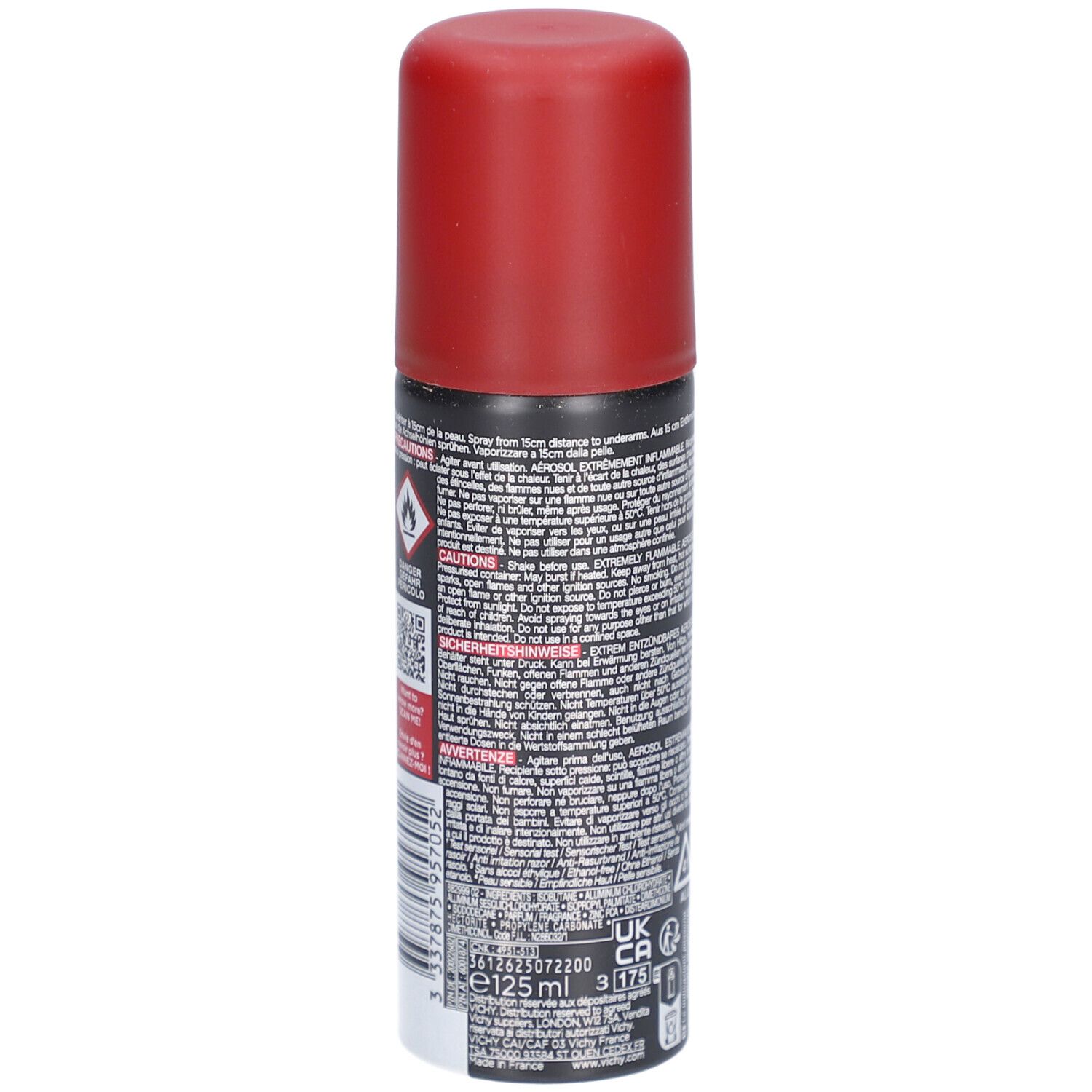 Dos du flacon spray noir avec bouchon rouge. Informations textuelles, avertissements et code QR.