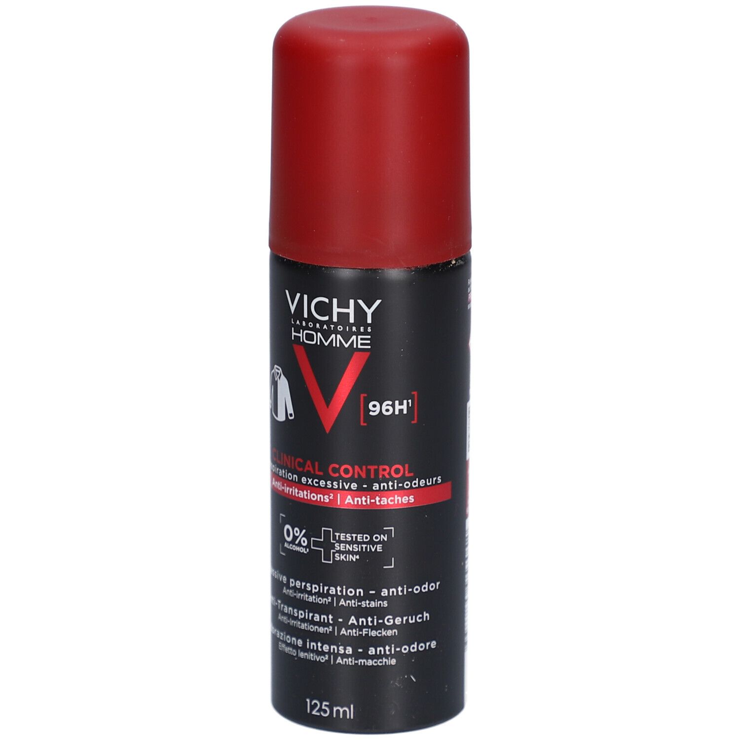 Flacon spray noir avec bouchon rouge. Inscription: VICHY HOMME, Clinical Control. 96H. 0% alcool. 125 ml.