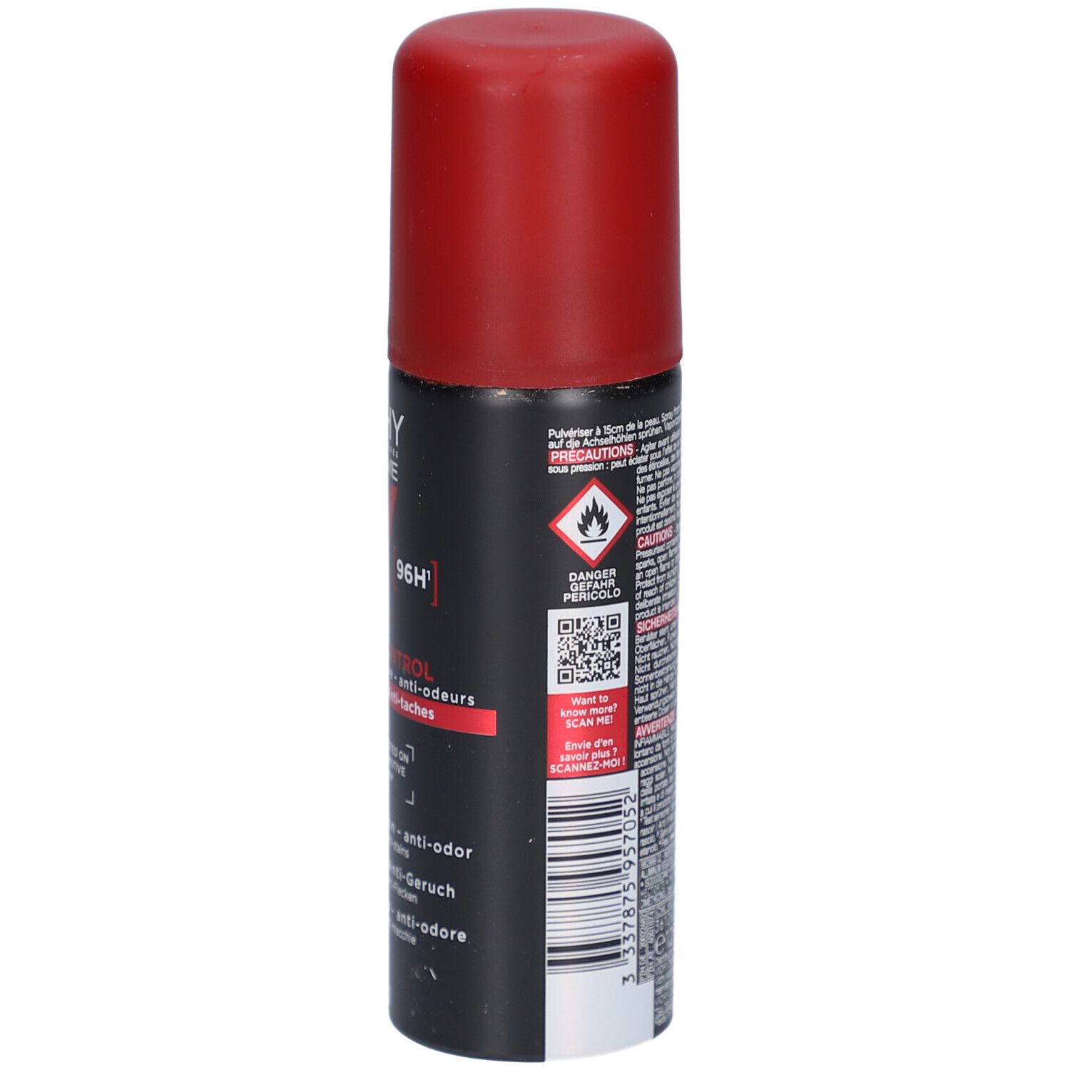 Dos du flacon spray noir avec bouchon rouge. Avertissements, code QR et logos.