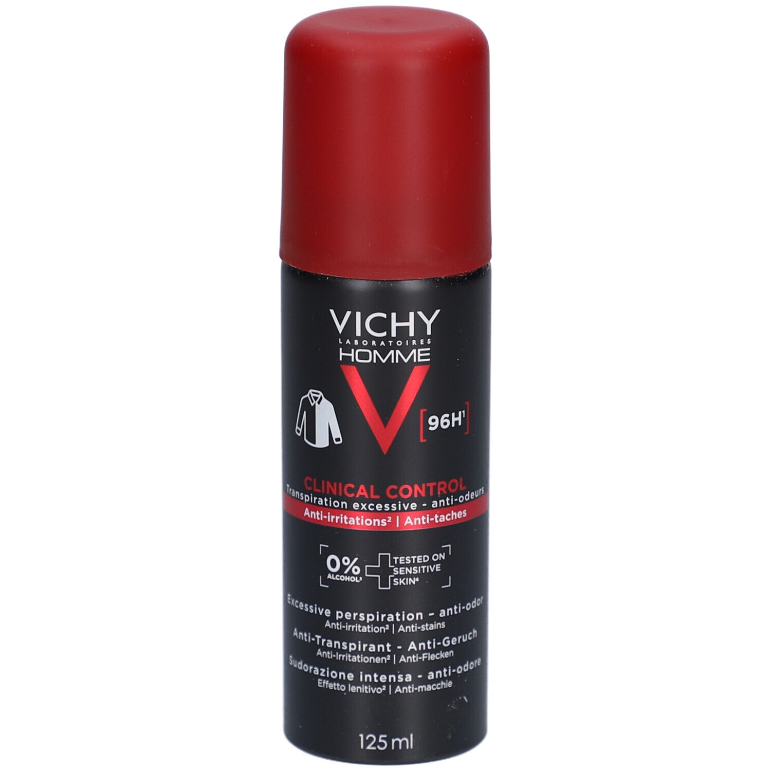 Flacon spray noir avec bouchon rouge. Inscription: VICHY HOMME, Clinical Control. 96H. 0% alcool. 125 ml.