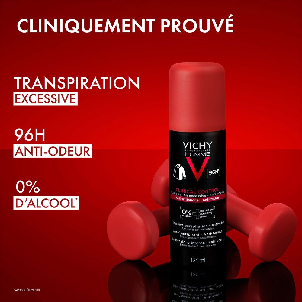Déodorant Vichy Homme avec haltères rouges.