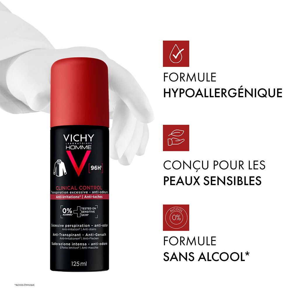 Déodorant Vichy Homme avec icônes : hypoallergénique, peaux sensibles, sans alcool.