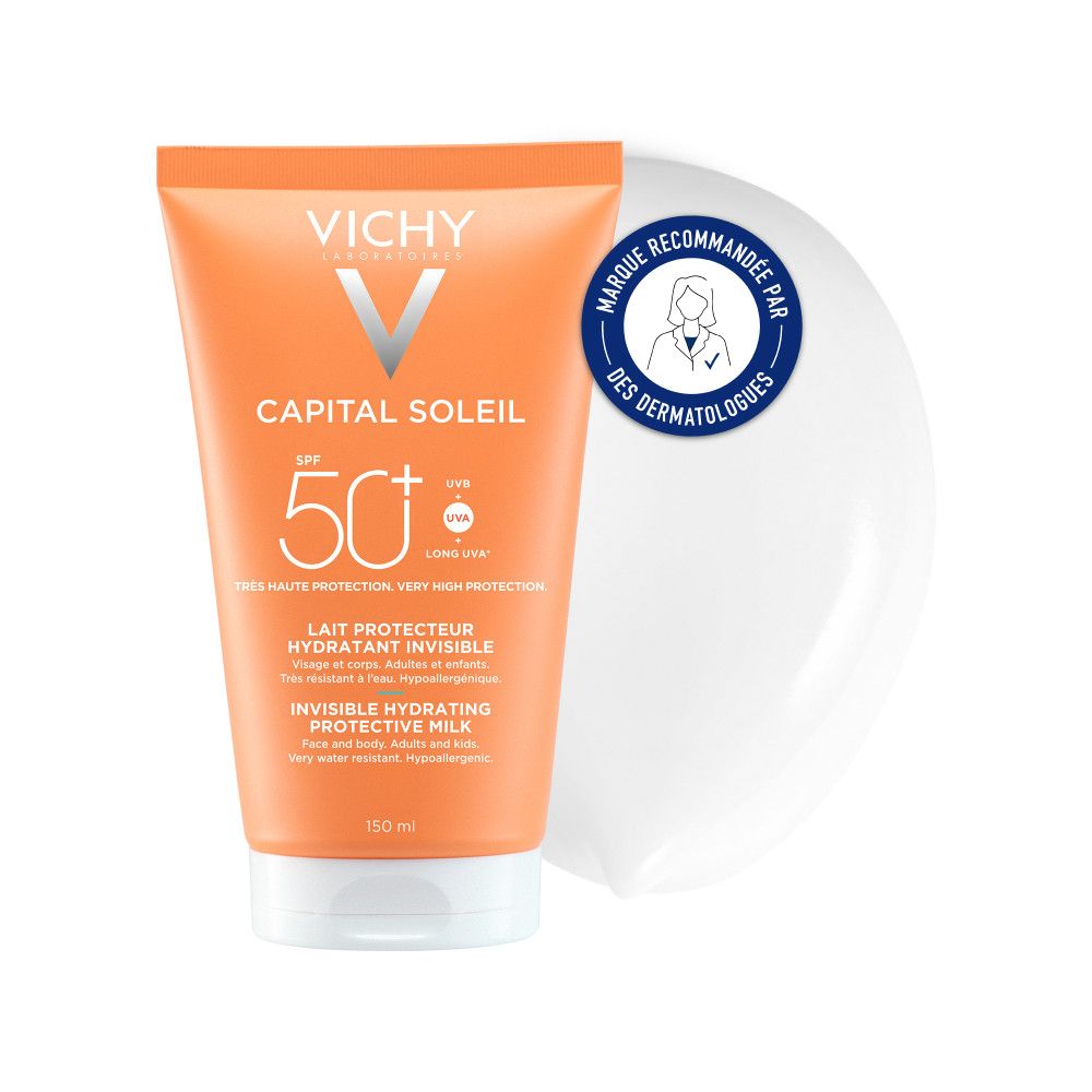 Tube orange avec bouchon blanc. Texte: Vichy, Capital Soleil, SPF 50+, Lait Hydratant Invisible, Invisible Hydrating Protective Milk. Autocollant.