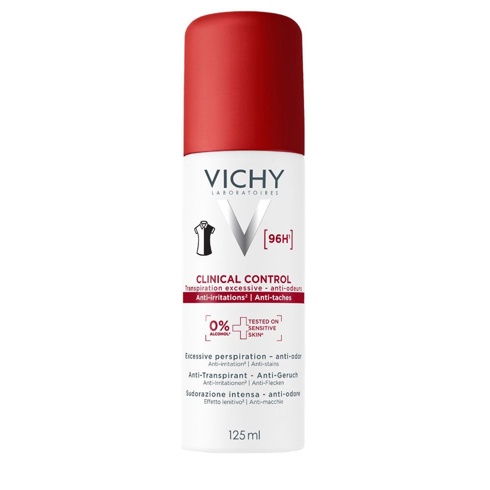 Vichy Clinical Control Anti-Transpirant 96h Spray, 125ml. Flacon blanc avec capuchon rouge.