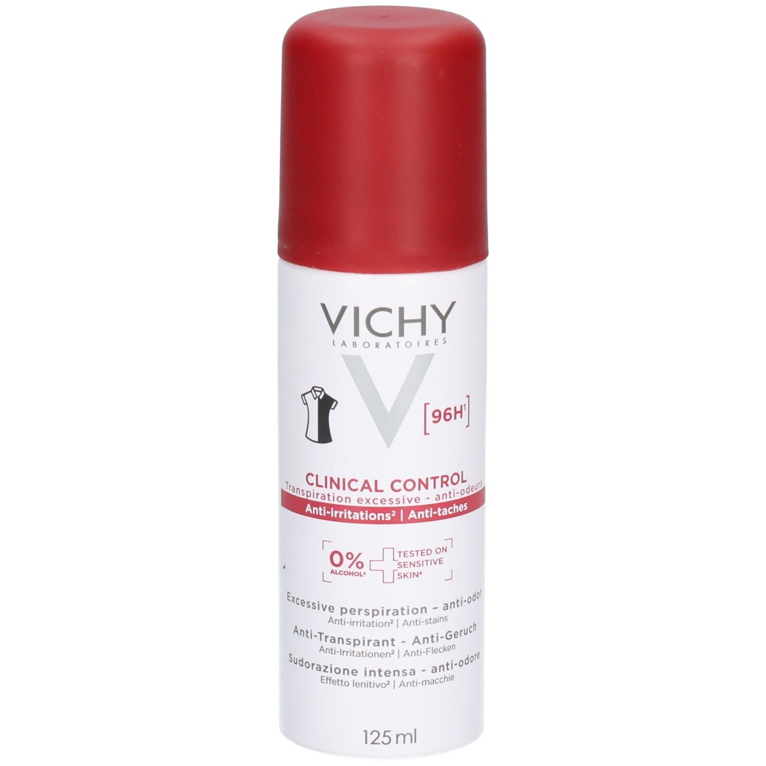 Spray blanc avec bouchon rouge. Inscriptions: VICHY, CLINICAL CONTROL, 96H. Informations sur anti-irritations et anti-taches. 125 ml.