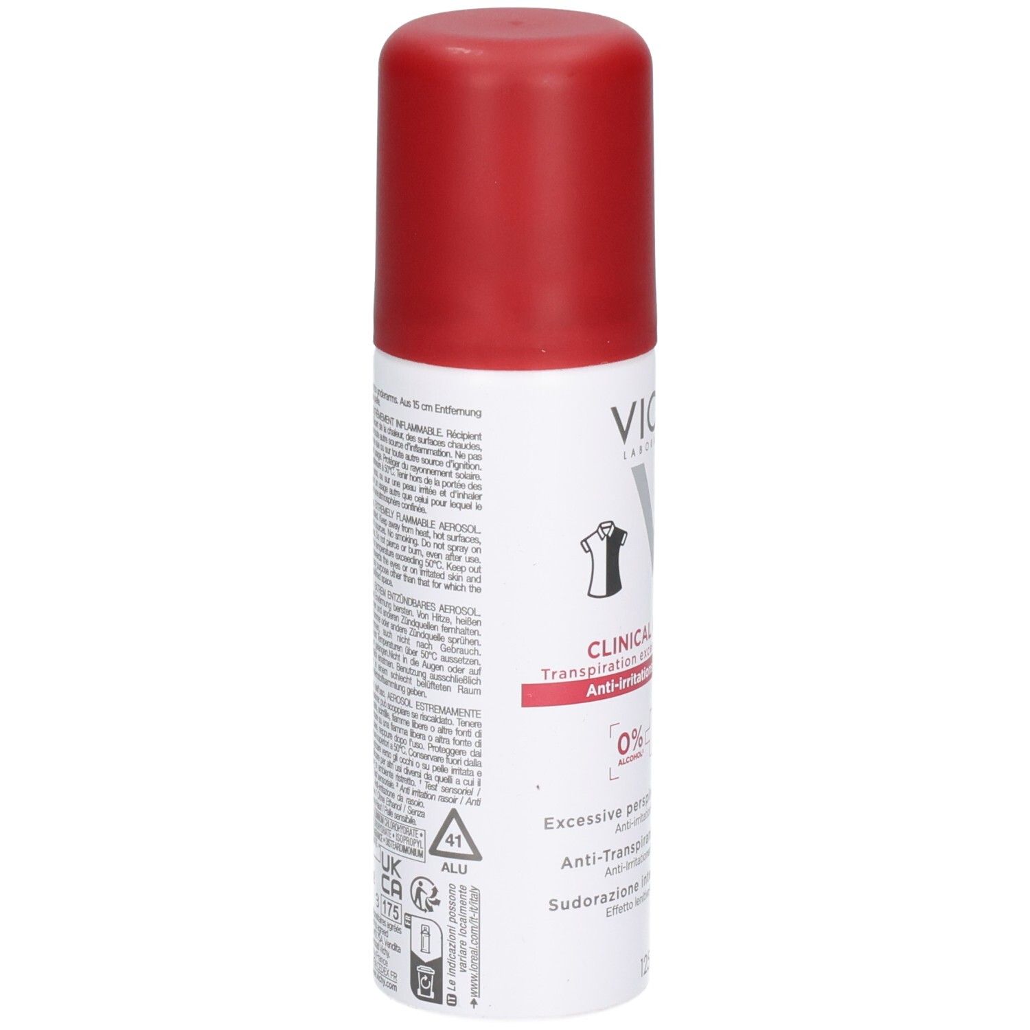 Dos du spray blanc avec bouchon rouge. Informations textuelles en plusieurs langues. Contient des informations sur les ingrédients et les avertissements.