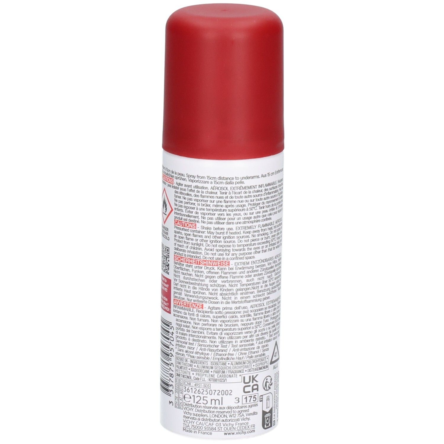 Dos du spray blanc avec bouchon rouge. Informations textuelles en plusieurs langues. Contient des avertissements et des informations d'utilisation.