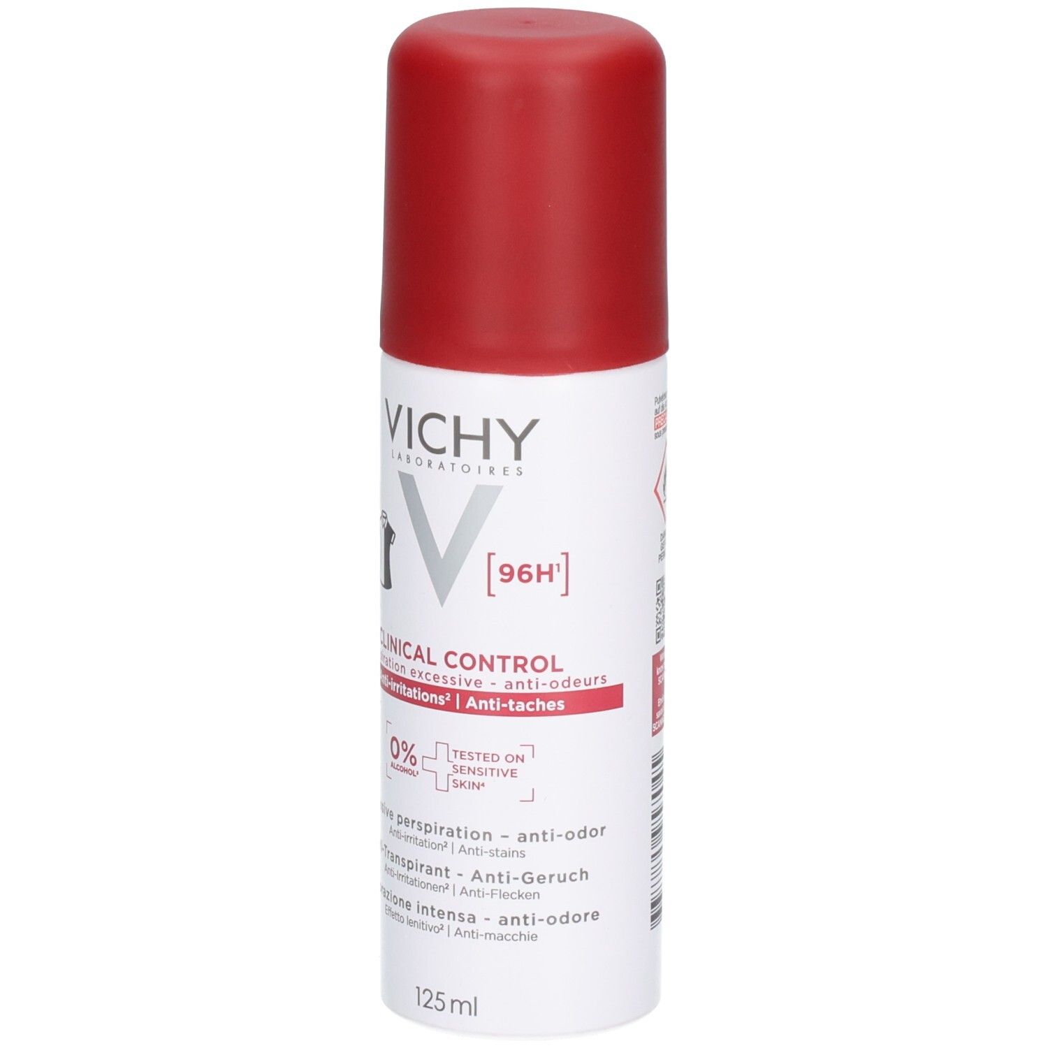 Spray blanc avec bouchon rouge. Inscriptions: VICHY, CLINICAL CONTROL, 96H. Informations sur anti-irritations et anti-taches. 125 ml.