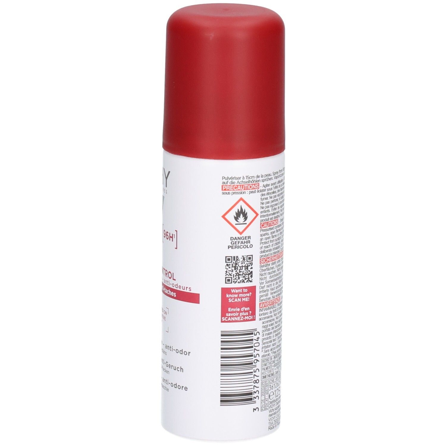 Dos du spray blanc avec bouchon rouge. Contient des avertissements, un code QR et des informations d'utilisation. Symbole de danger.