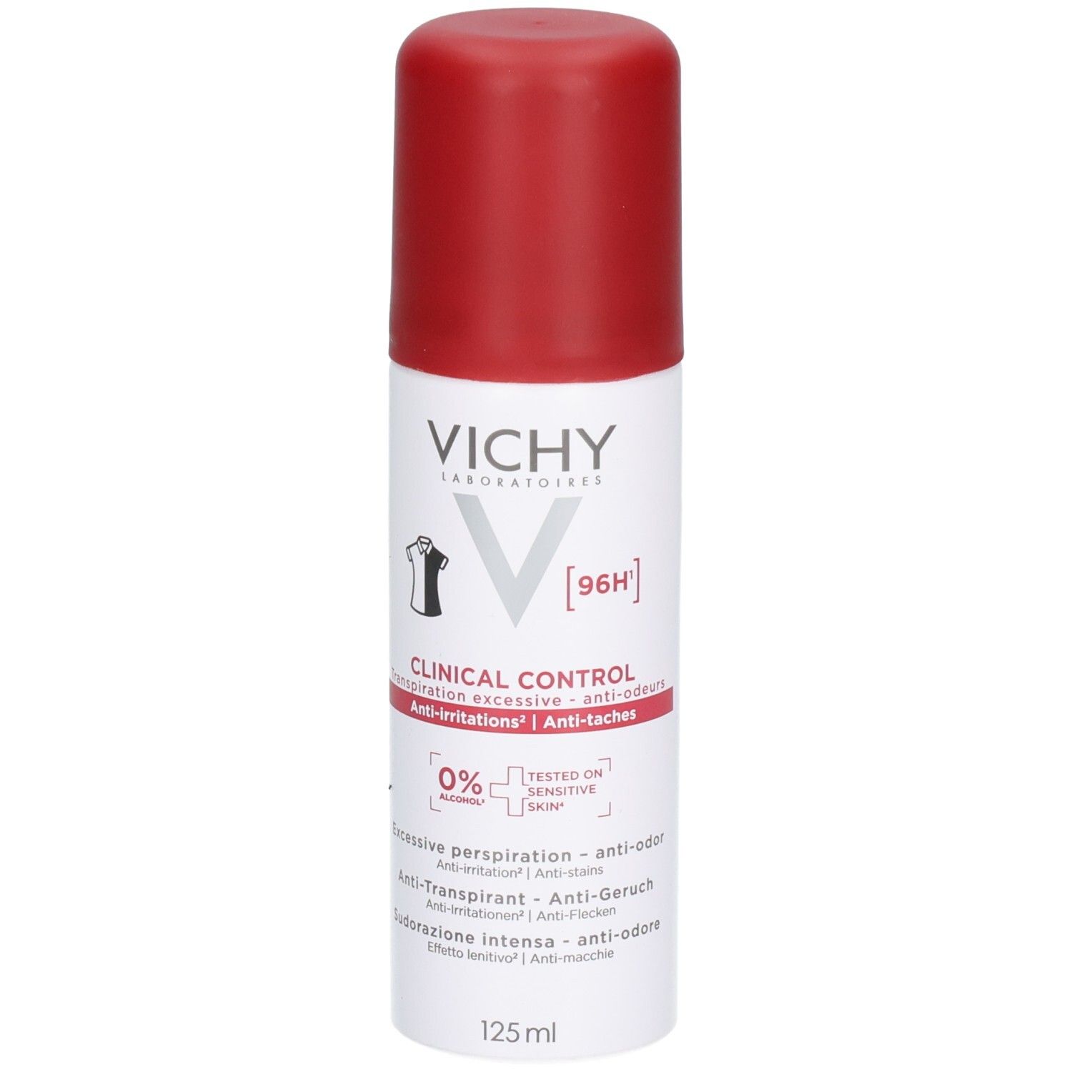 Spray blanc avec bouchon rouge. Inscriptions: VICHY, CLINICAL CONTROL, 96H. Informations sur anti-irritations et anti-taches. 125 ml.