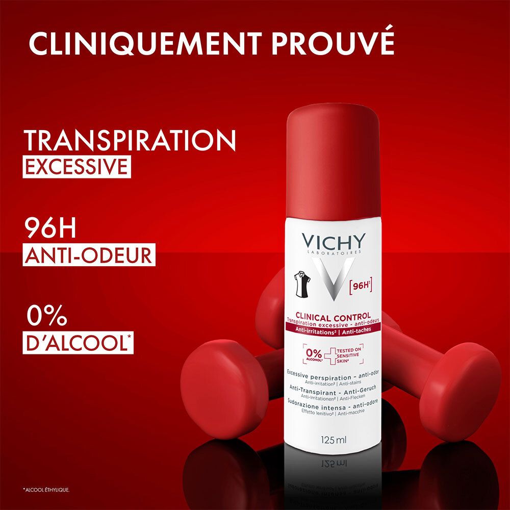 Spray anti-transpirant Vichy Clinical Control à côté d'haltères rouges. "TRANSPIRATION EXCESSIVE 96H ANTI-ODEUR 0% D'ALCOOL".