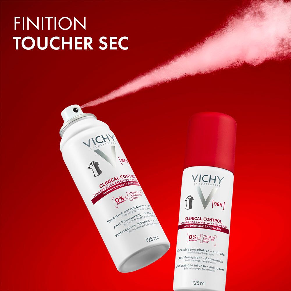 Deux sprays anti-transpirants Vichy Clinical Control sur fond rouge. L'un pulvérise.