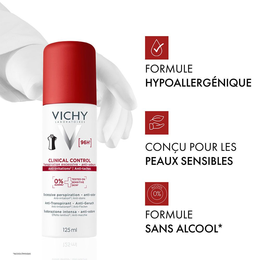 Spray anti-transpirant Vichy Clinical Control avec icônes : hypoallergénique, peaux sensibles, sans alcool.