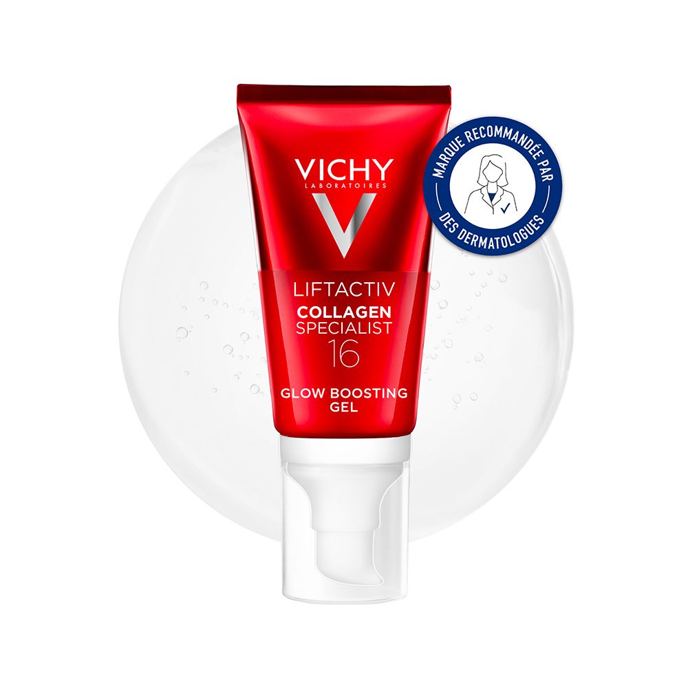 Tube rouge avec applicateur blanc. Logo Vichy et nom du produit. Sceau : Recommandé par les dermatologues.