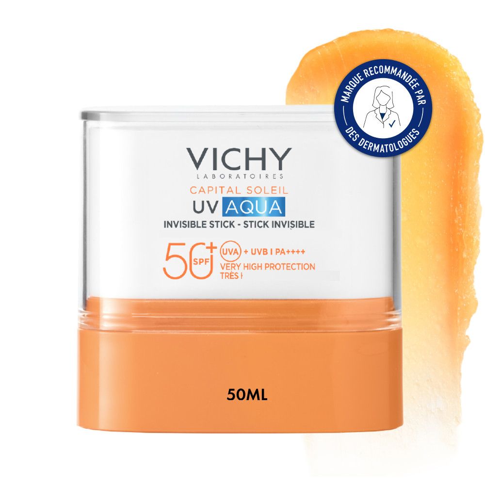 Vichy Capital Soleil UV Aqua Stick SPF50+ Visage et Lèvres. Emballage orange et blanc. Inscription: UV Aqua, SPF50+, recommandé par les dermatologues.
