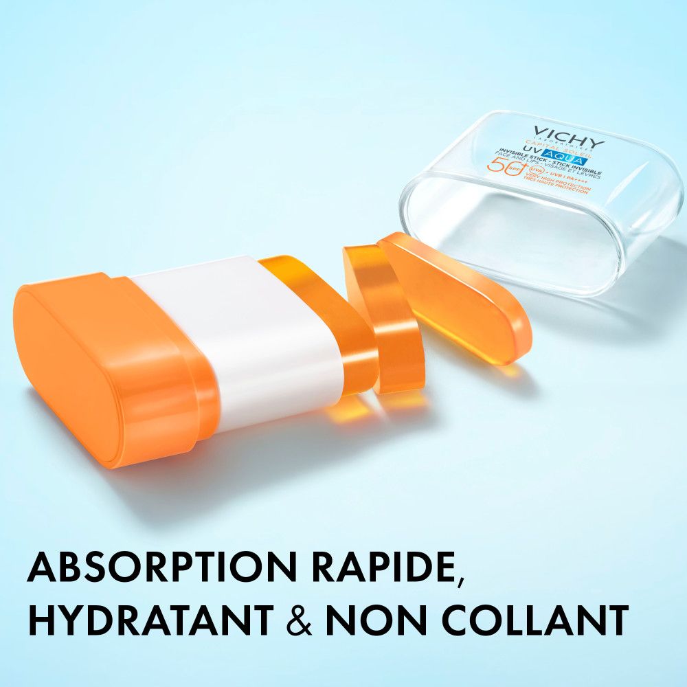 Vichy Capital Soleil UV Aqua Stick SPF50+ Visage et Lèvres. Produit en morceaux. Texte: ABSORPTION RAPIDE, HYDRATANT & NON COLLANT.