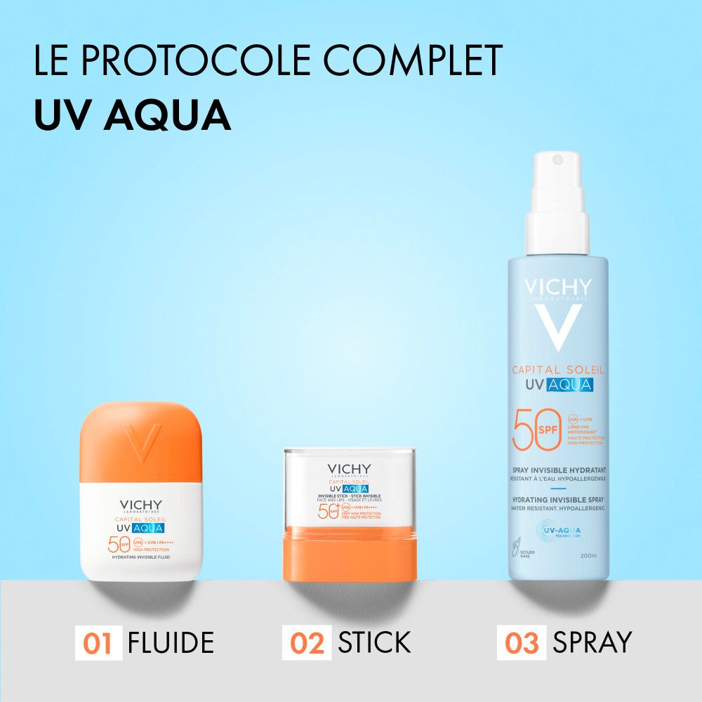 Trois produits: flacon, stick et spray. Inscription: Vichy, Capital Soleil, UV Aqua, SPF 50. Texte: LE PROTOCOLE COMPLET UV AQUA.