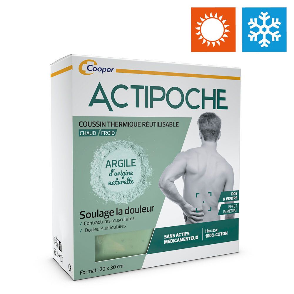 Boîte ACTIPOCHE blanche. Coussin thermique réutilisable avec argile naturelle. Symboles chaud/froid.