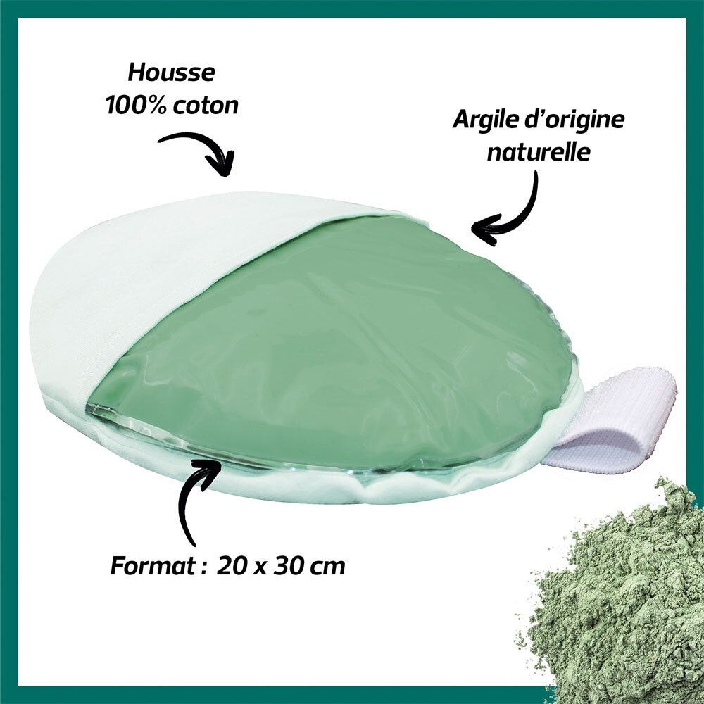 Coussin ovale vert dans une housse en coton blanc. Argile naturelle. Format 20x30 cm.