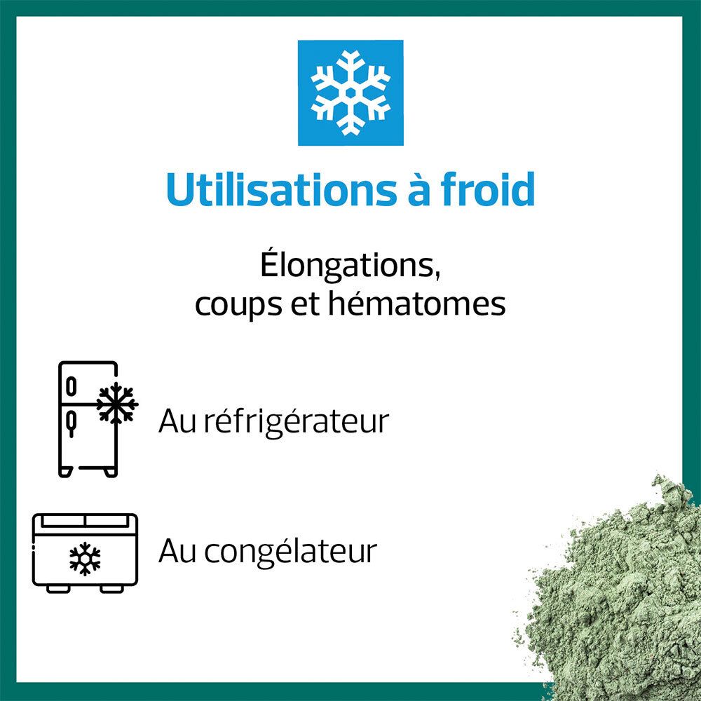 Fond vert avec texte. Utilisations à froid : entorses, contusions, etc. Refroidissement réfrigérateur ou congélateur.