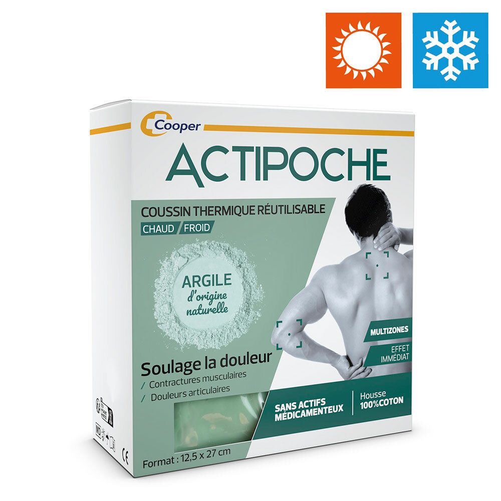 Boîte ACTIPOCHE. Symboles soleil et flocon. Image et texte. Dimensions : 12,5 x 27 cm. Coussin thermique réutilisable.